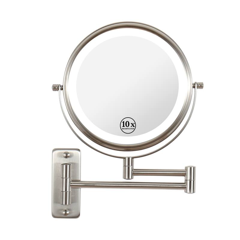 8 in. Small Round 10X Magnifying 3-Color-LED Touch Screen Bathroom Makeup Mirror with Built-in Battery and Type-C Port - Brushed Nickel