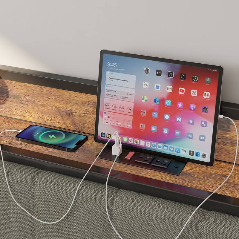 Industrial Style Metal Platform Bed Frame with Power Outlet & USB Ports, Upholstered Platform Bed with Headboard & Footboard