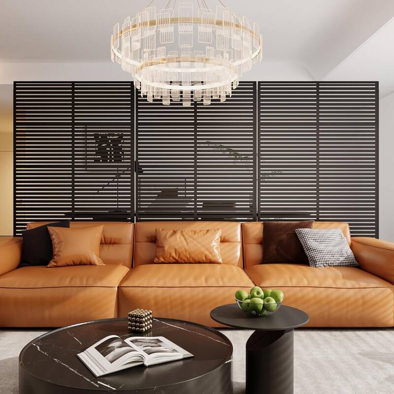 1PCS 72 in H x 46 in W Metal Privacy Screen Panel Freestanding Outdoor Divider with Stand Stripe01-Brown