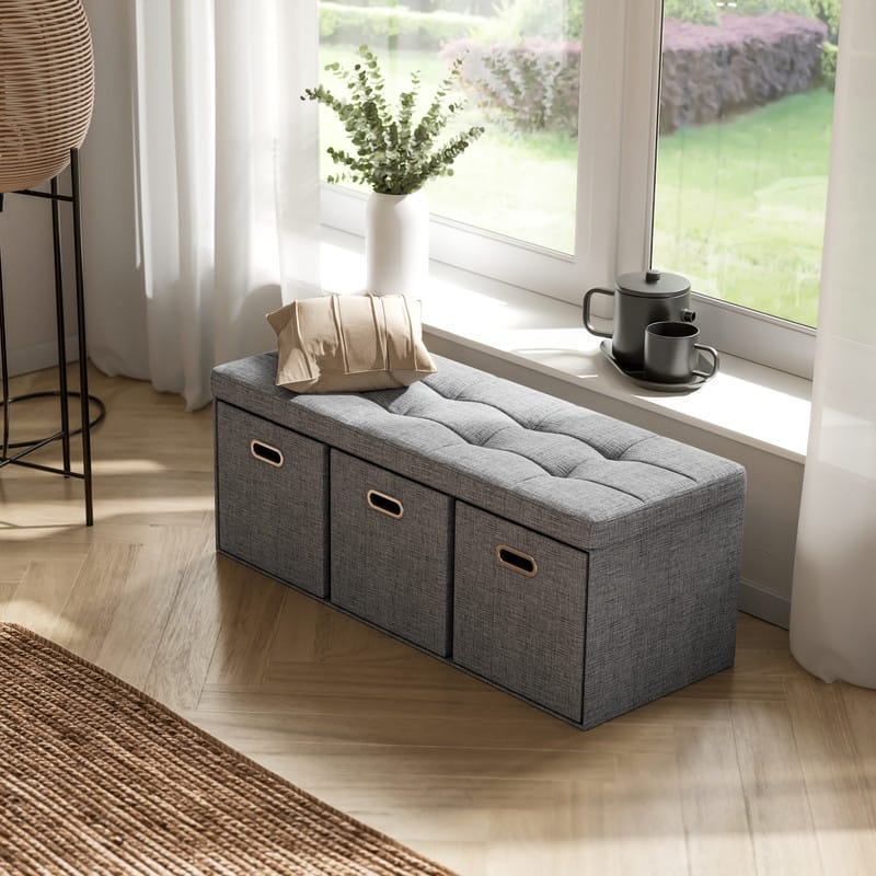 Foldable Linen Large Bench Storage Ottoman with 3 Drawer Cubes - 40"L