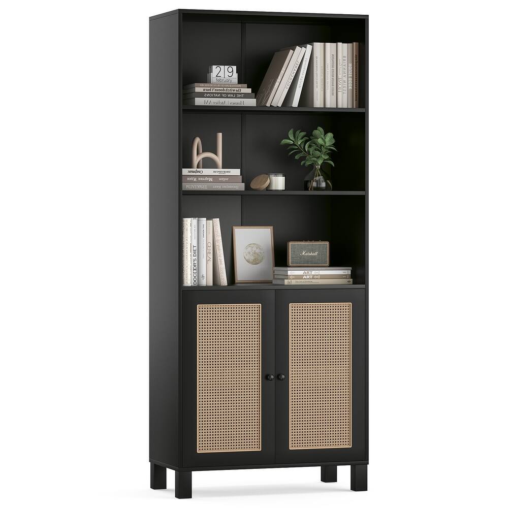 Tall Bookcase with Rattan Doors,5 Tier Storage Wood Shelves Large Bookshelf for Library Living Room Bedroom Home Office