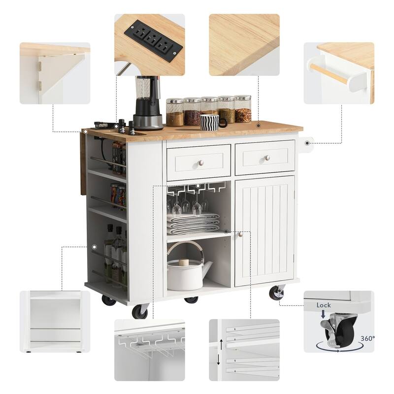 Multifunctional Kitchen Cart with Power Outlet, Open Storage and Wine Rack - 40" x 30"
