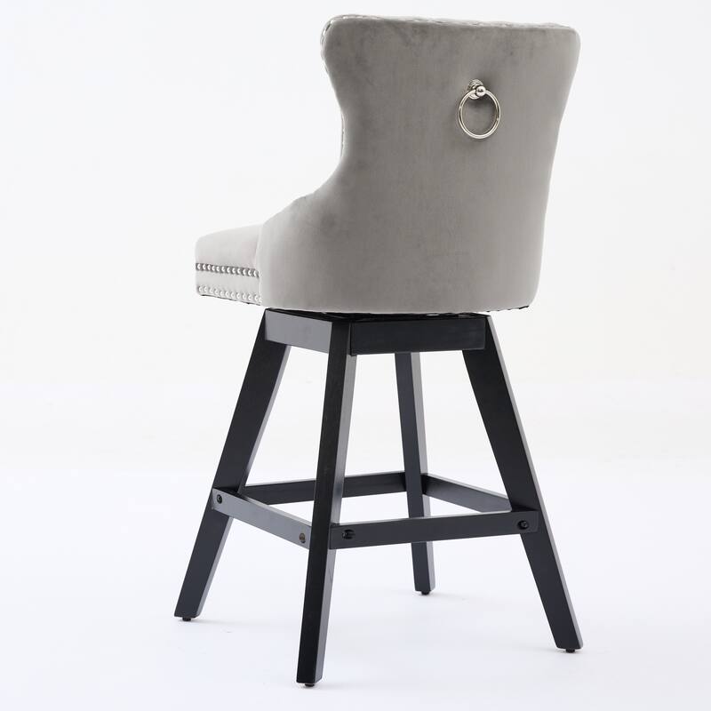 Swivel Bar Stools Set of 2, Velvet Counter Height Barstools with Wooden Legs, Kitchen Island Chairs with Button Backrest