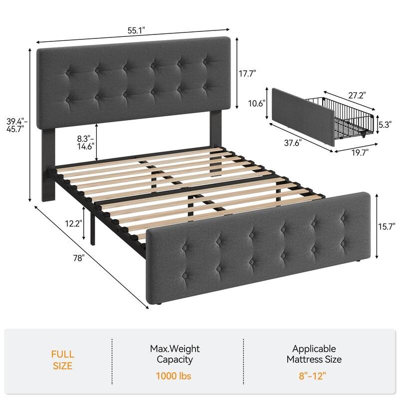 Upholstered Bed with 4 Drawers and Adjustable Button-Tufted Linen Headboard