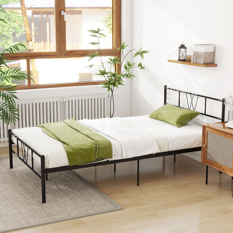 Twin Size Metal Platform Bed Frame with Headboard Footboard, Heavy Duty Steel Slat Support, Easy Assembly Mattress Foundation