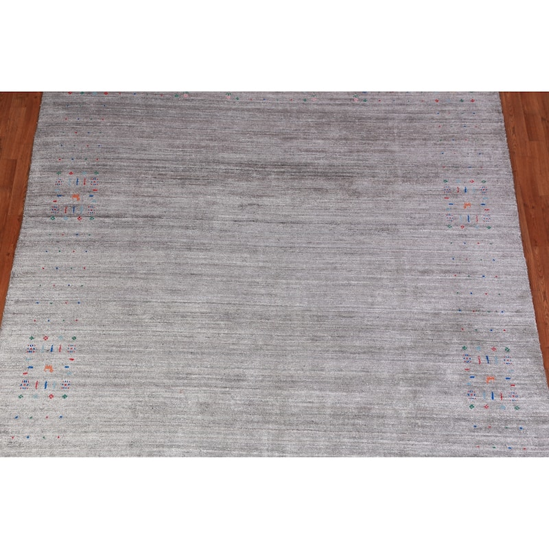 Hand Knotted Oriental Viscose Silk Carpet Tribal Stripe Greys & Charcoal Gabbeh Area Rug - 9' 9'' X 8' 0''