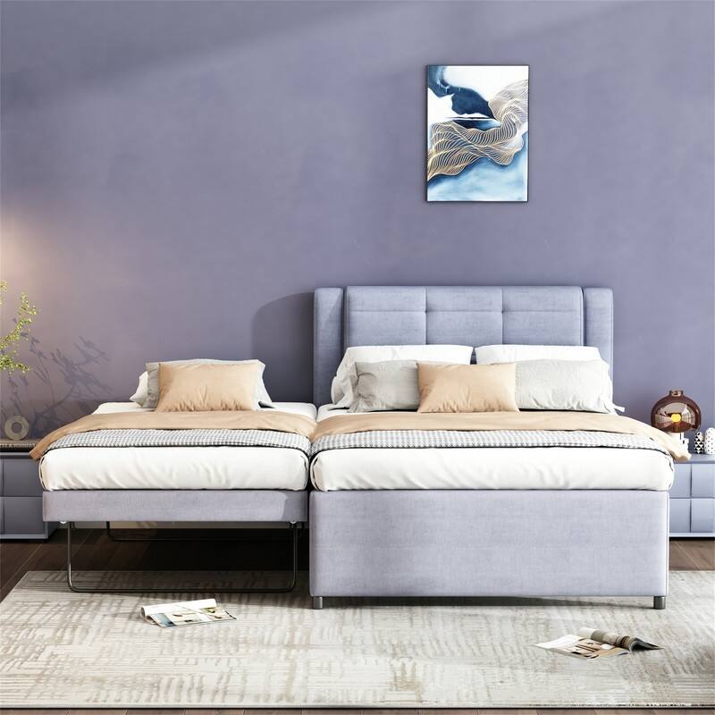 Full Size Upholstered Platform Bed with Pull-Out Trundle, Modern Bed Frame with Headboard, Trundle can be flat or erected