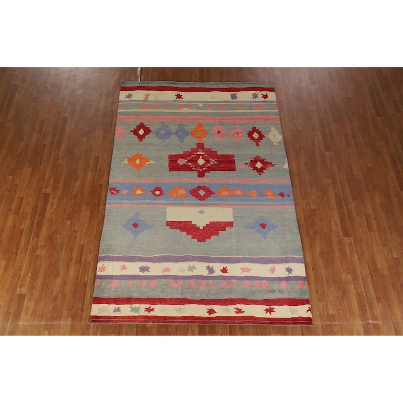 Hand Knotted Oriental 100% Wool Carpet Modern Geometric Greys & Charcoal Gabbeh Area Rug - 9' 1'' X 6' 0''
