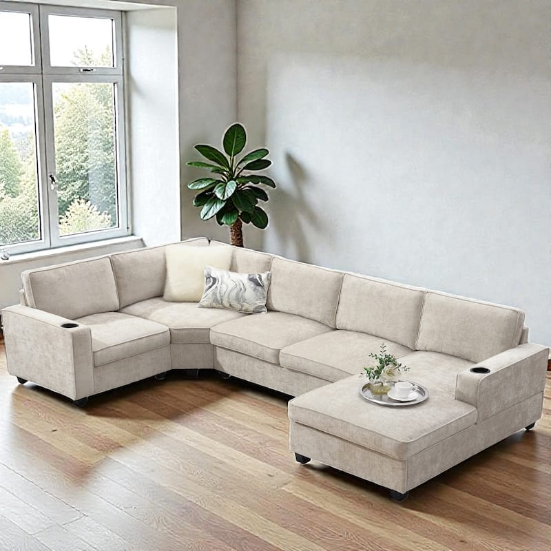 119" U-Shaped Sectional Sofa with Cup Holders, 6 Seat Chenille Corner Couch, Oversized Chaise Lounge