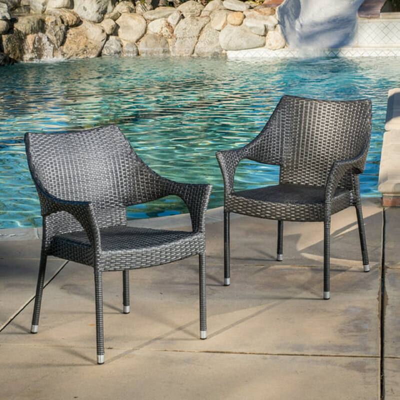 Roomfitters Outdoor Wicker Stacking Armchairs, Architectural Arched-Back PE Rattan - Grey ( 3-Piece)