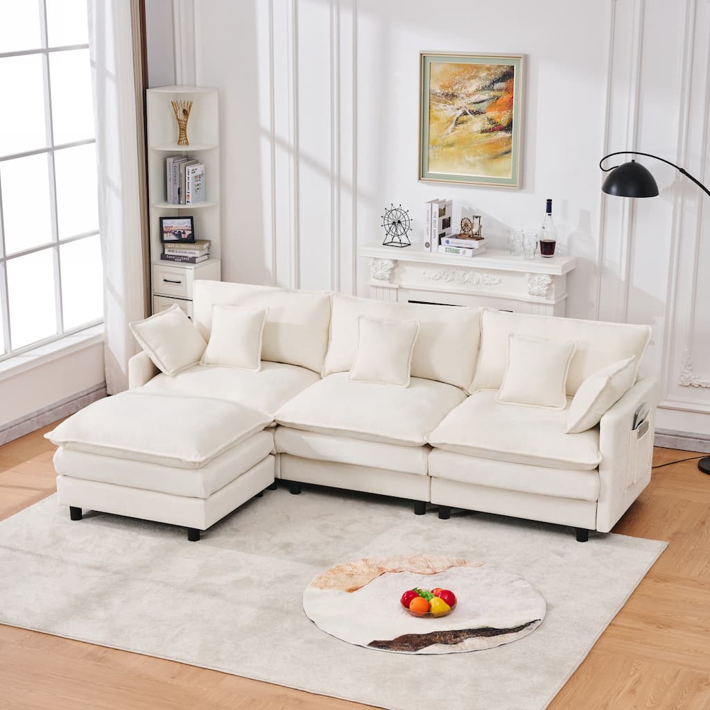 L-Shaped Modular Sectional Sofa with Movable Storage Ottoman, Comfy Cashmere Deep Seat Cloud Couch, Lounge Sofa with Pillows