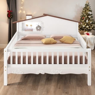 Wood House-shaped Full Size Platform Bed with LED and Built-in Storage,Kids Bed Design