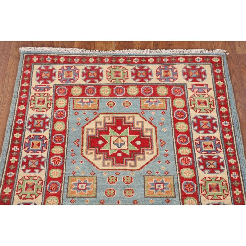 Light Blue Geometric Kazak Accent Rug Handmade Wool Carpet - 2'8" x 3'10"