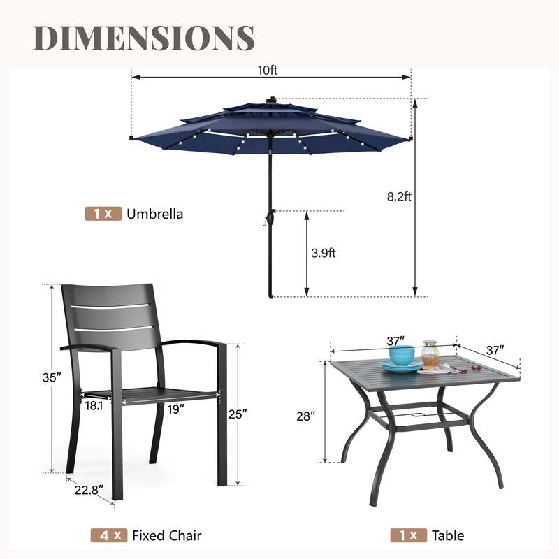 MAISON ARTS 6-Piece Outdoor Dining Set with 10ft 3 Tier Auto-tilt Umbrella, Metal Square Table & 4 Stackable Chairs