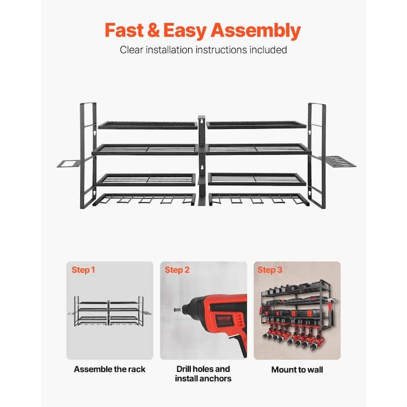 4-Tier Wall-Mounted Tool Organizer Rack with 8 Slots and Hooks for Garage Workshop Storage - 36.56 x 7.87 x 16.54 in