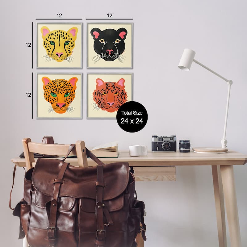 Stupell Modern Jungle Wildlife Faces Framed Giclee Art Design By Carrie Cantwell (Set of 4)