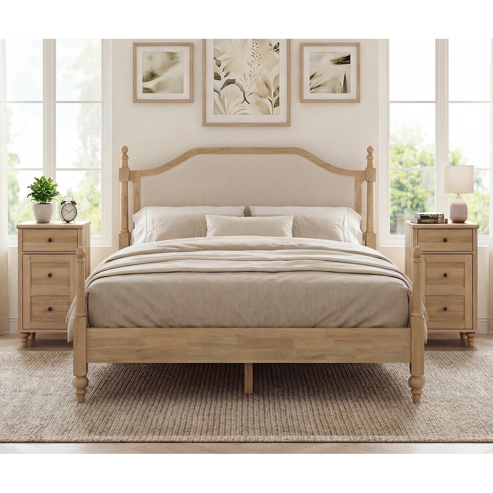 3 Piece Bedroom Set, Queen Size Bed Frame & Set of 2 Nightstands, Oak