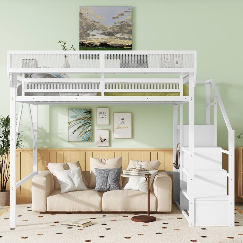 Heavy Duty Metal Storage Loft Bed with Bedside Shelf and Under Bed Storage, Iron High Loftbed Frame with Built In Wardrobe - White - Queen