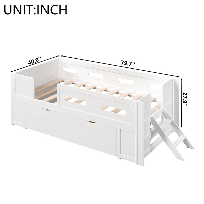 Roomfitters Full/Twin Size Wood Platform Bed with Underbed Storage Drawer and Safety Guardrails, Modern Low Loft Frame