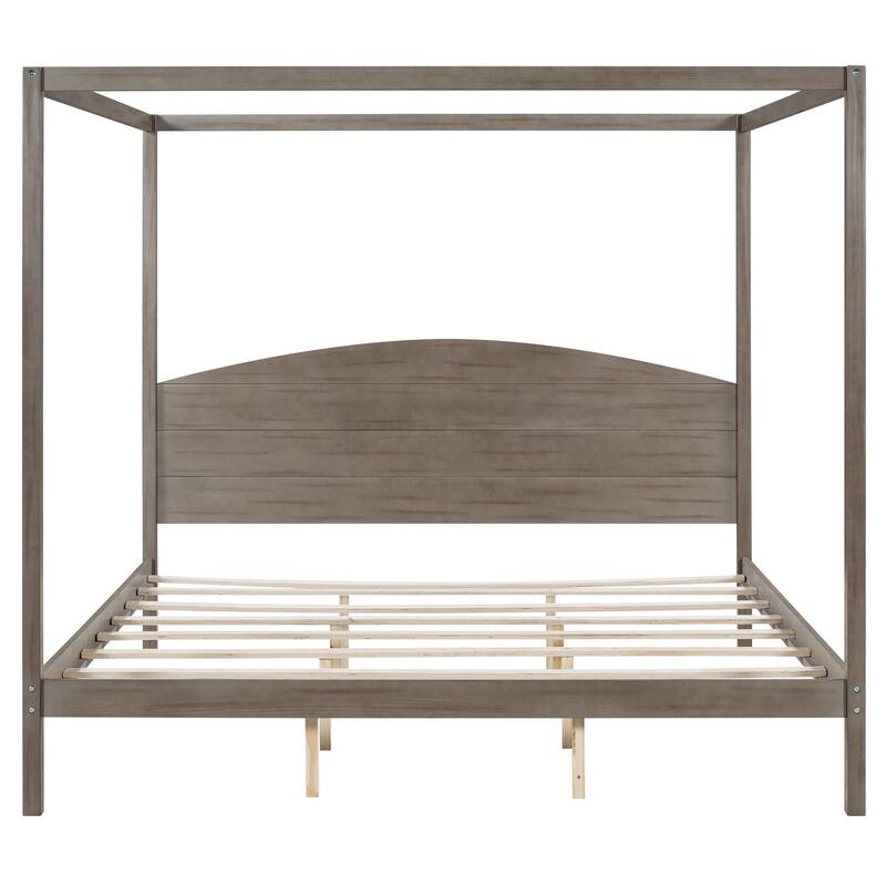 King Size Wood Canopy Bed w/ Headboard Upholstered Bed Frame, Brown