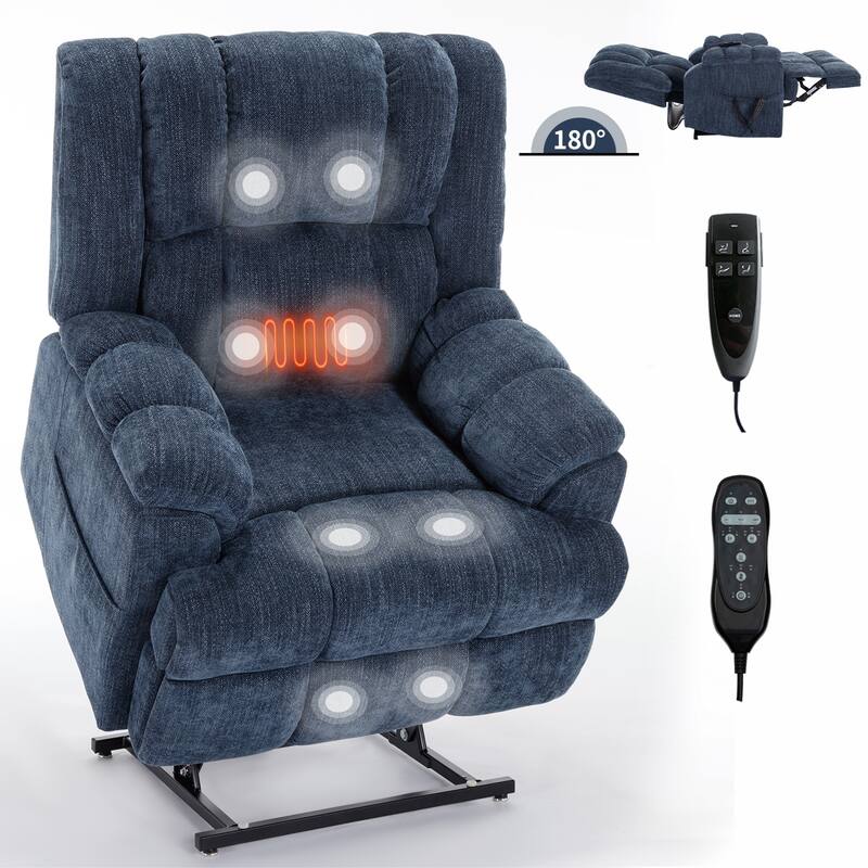 Blue Dual Motor Power Lift Recliner with Heat, Massage, and Lumbar Support