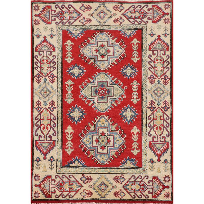 Traditional Red Kazak Foyer Rug Handmade Wool Carpet - 3'4" x 4'11"