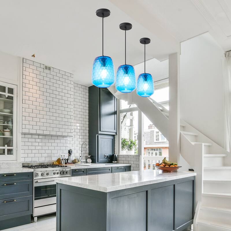 Beverly River of Goods Black Metal and Blue Hand-Blown Glass Globe 7-Inch Pendant Light with Adjustable Hanging Cord