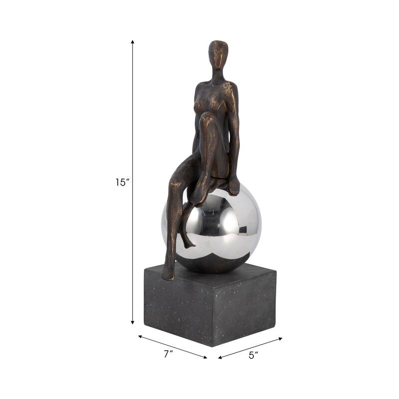 Sagebrook Home's Augustonia Statuary, 15-inch Resin and Stainless Steel Figurine and Sphere, Modern Home Decor - 7" x 5" x 15"