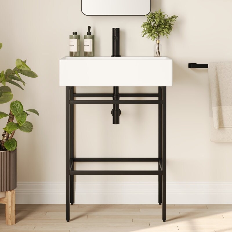 Ceramic White Rectangular Single Faucet Hole 24 in Console Bathroom Sink with Overflow DV-1CS0252B