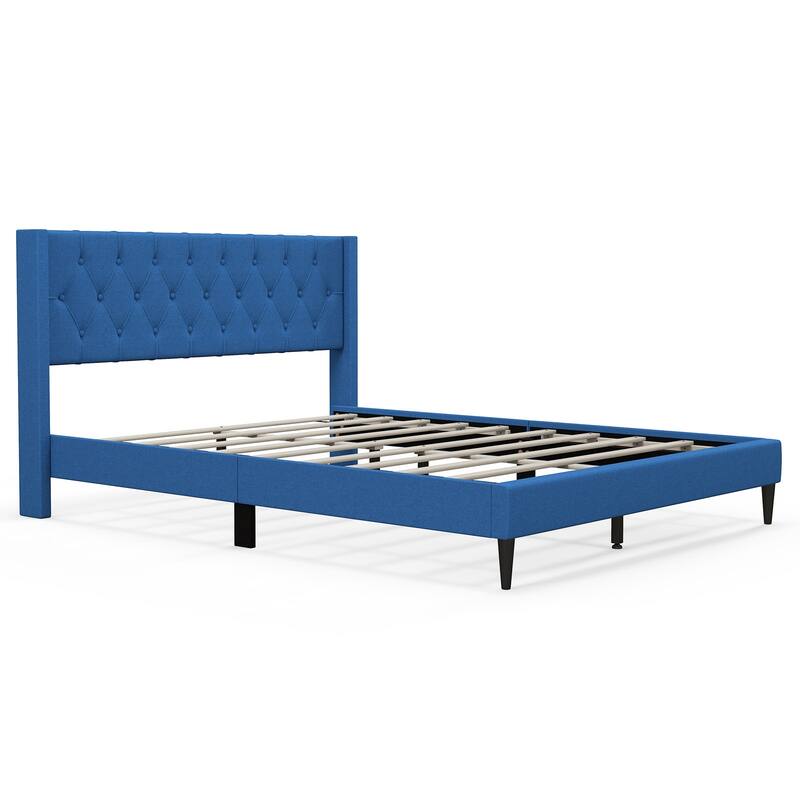 Upholstered Platform Bed with Button Tufted Wingback Headboard
