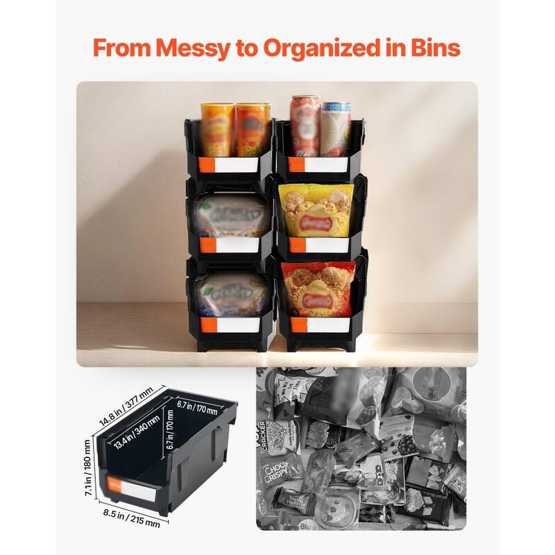 6-Pack Stackable Plastic Storage Bins with Label Stickers for Garage Kitchen or Craft Room - 14.8 x 8.5 x 7.1 in