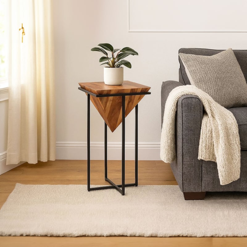 Ida 30 Inch Pyramid Shape Acacia Wood Side Table With Cross Iron Base, Brown and Black