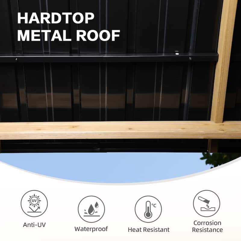 Aoodor 8' x 5' Wooden Grill Gazebo, Outdoor Hardtop Gazebo with Sloping Metal Roof and 2 Side Shelves