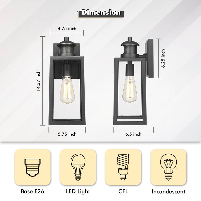 Motion Sensor and Dusk to Dawn Outdoor Wall Sconce,Dusk to Dawn Sensor Outdoor Lights Matte Black Finish with Clear Glass Shade