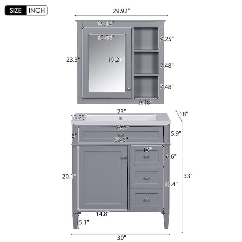 30" Modern Bathroom Vanity with Top Sink and 2 Drawers and a Tip-out Drawer