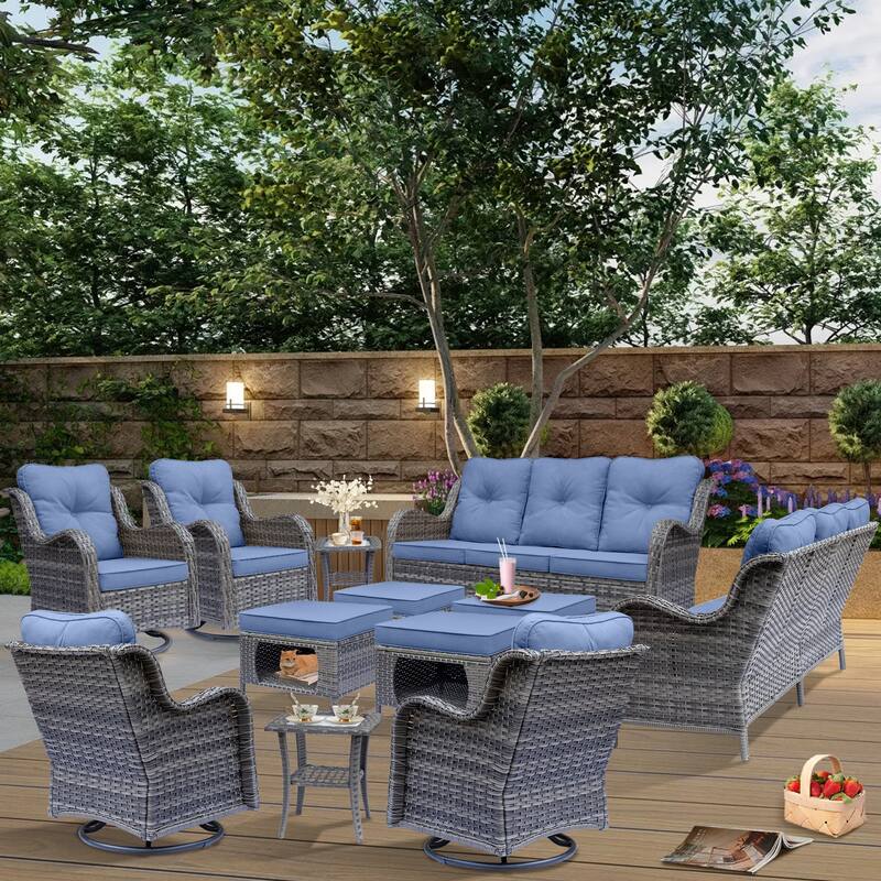 Gray Wicker 12-piece Outdoor Patio Conversation Sets with Swivel Chair - Denim Blue