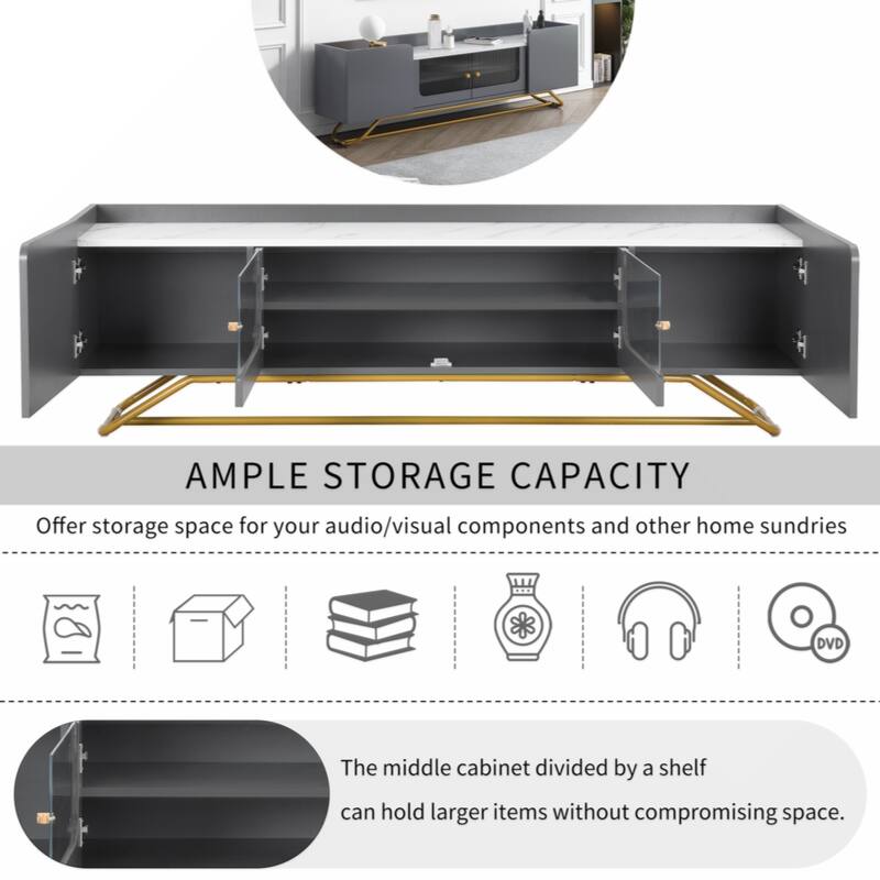 Sleek Design TV Stand with Fluted Glass, Contemporary Entertainment Center for TVs Up to 70"