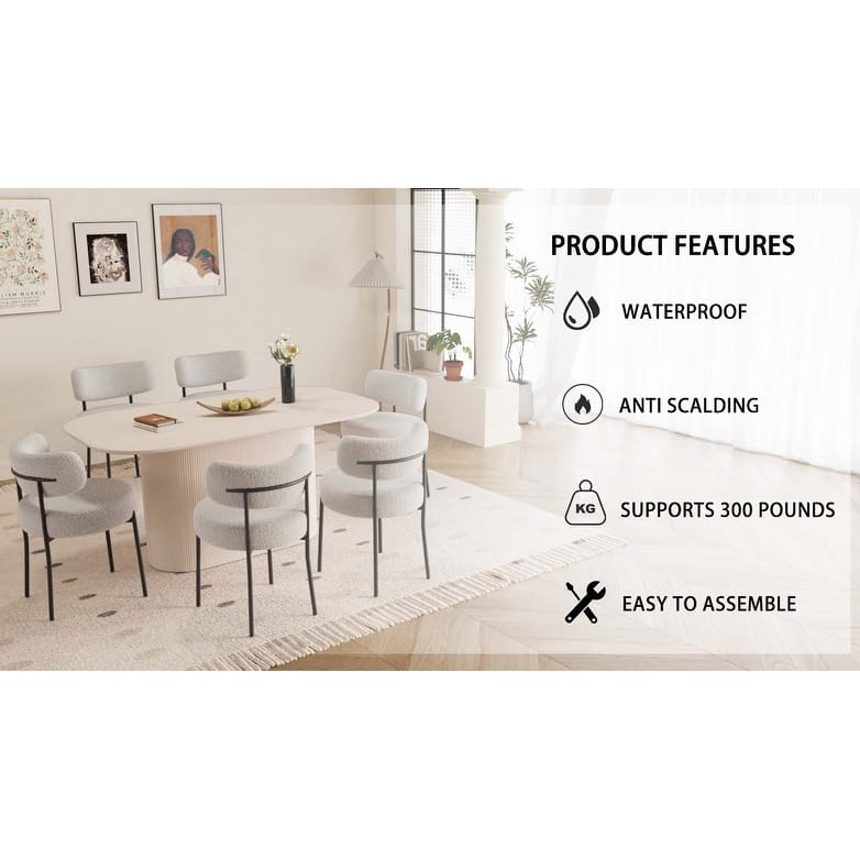 63" medieval modern cream style MDF dining table and 6 sets of circular cushioned armless dining chairs