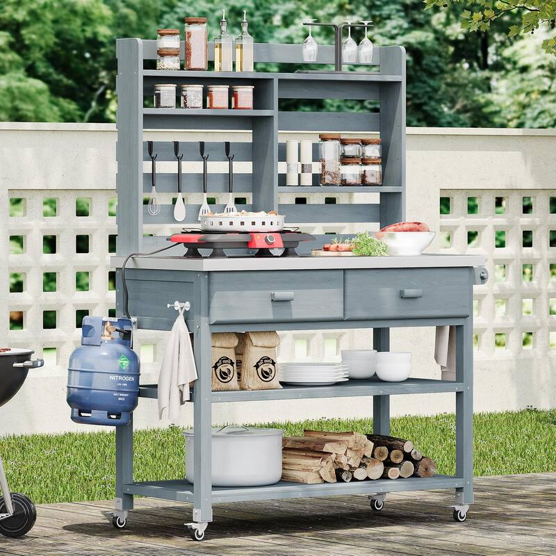 Outdoor Potting Bench Table with Lockable Wheels Solid Wood Kitchen Island and Stainless Steel Top