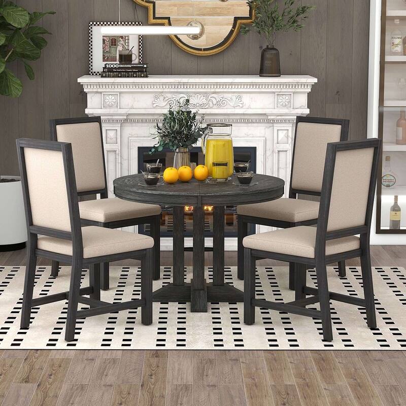 Farmhouse Retractable Round Table with 4 Upholstered Chairs