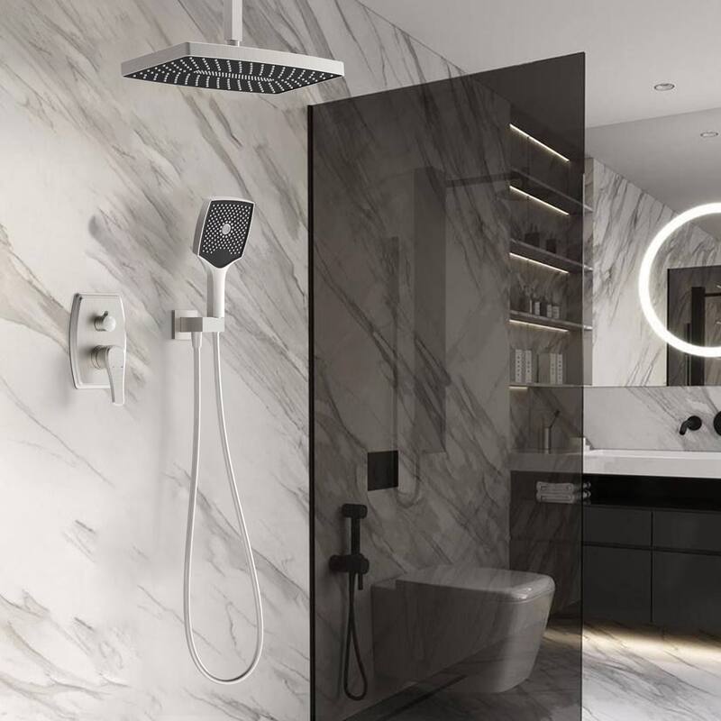 GIVINGTREE Single Handle 3 Spray 14 In.rectangular Ceiling Mounted Shower Faucet With Valve - Silver