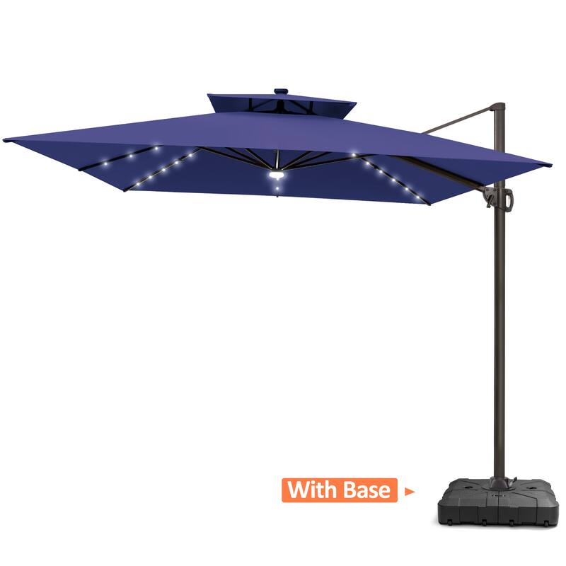 VredHom 11X11 FT Outdoor Square Cantilever Patio Aluminum Umbrella Solar LED Light with Wheel Base