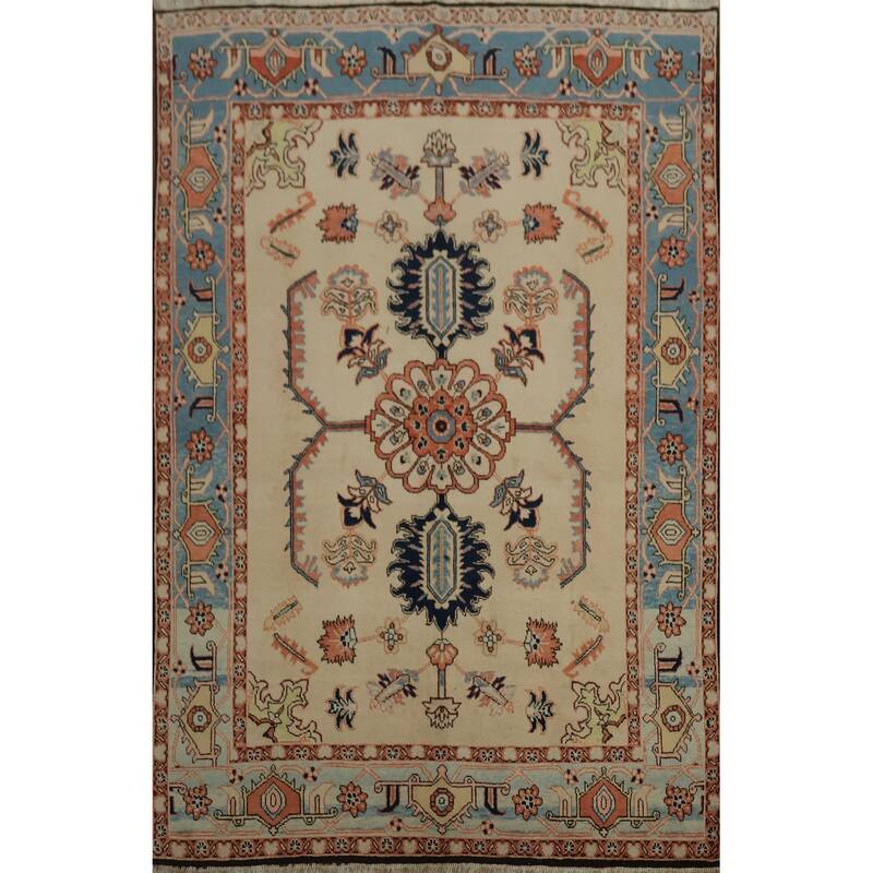 Hand Knotted Oriental 100% Wool Carpet Traditional Floral Beige & Ivories Heriz Area Rug - 8' 1'' X 6' 3''
