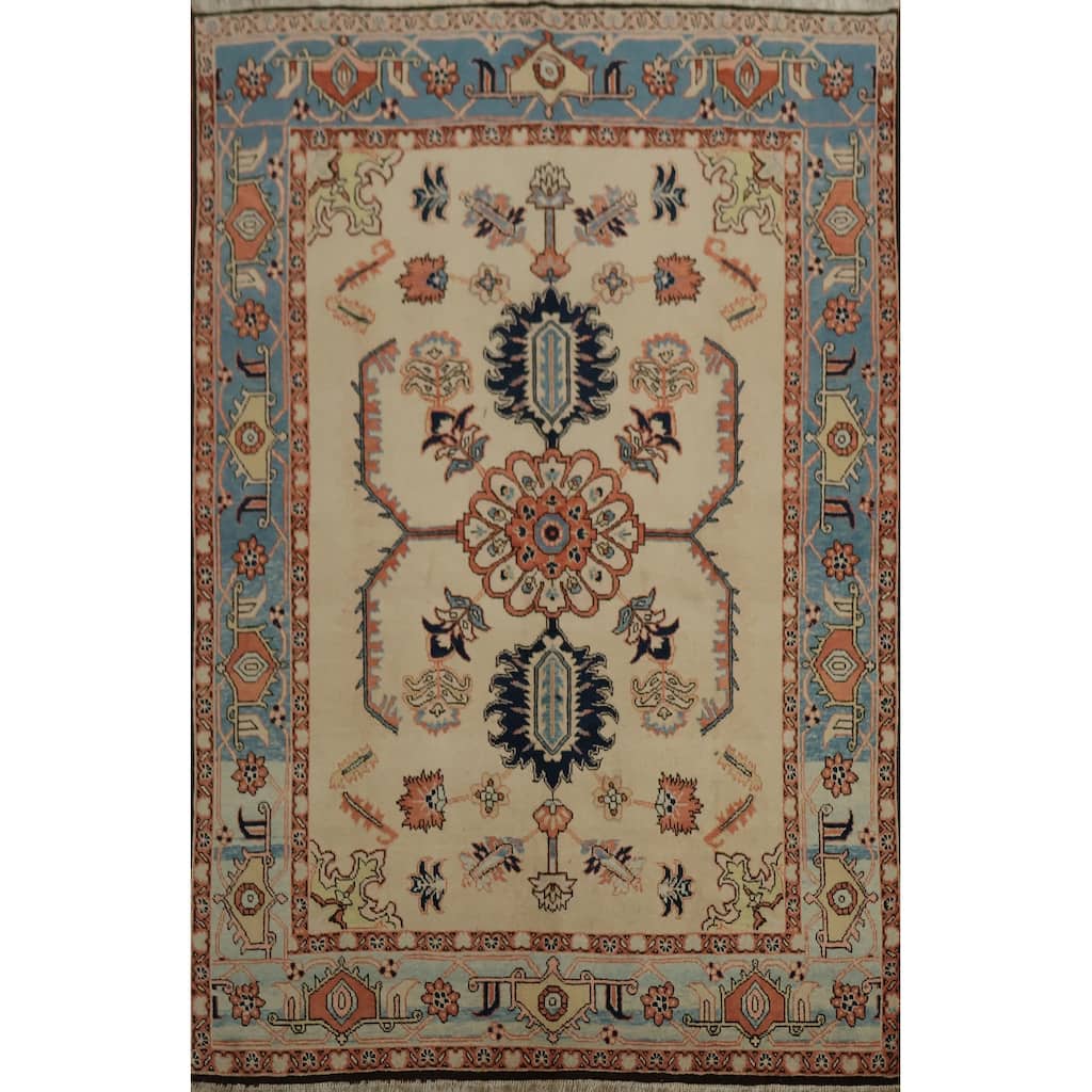 Hand Knotted Oriental 100% Wool Carpet Traditional Floral Beige & Ivories Heriz Area Rug - 8' 1'' X 6' 3''