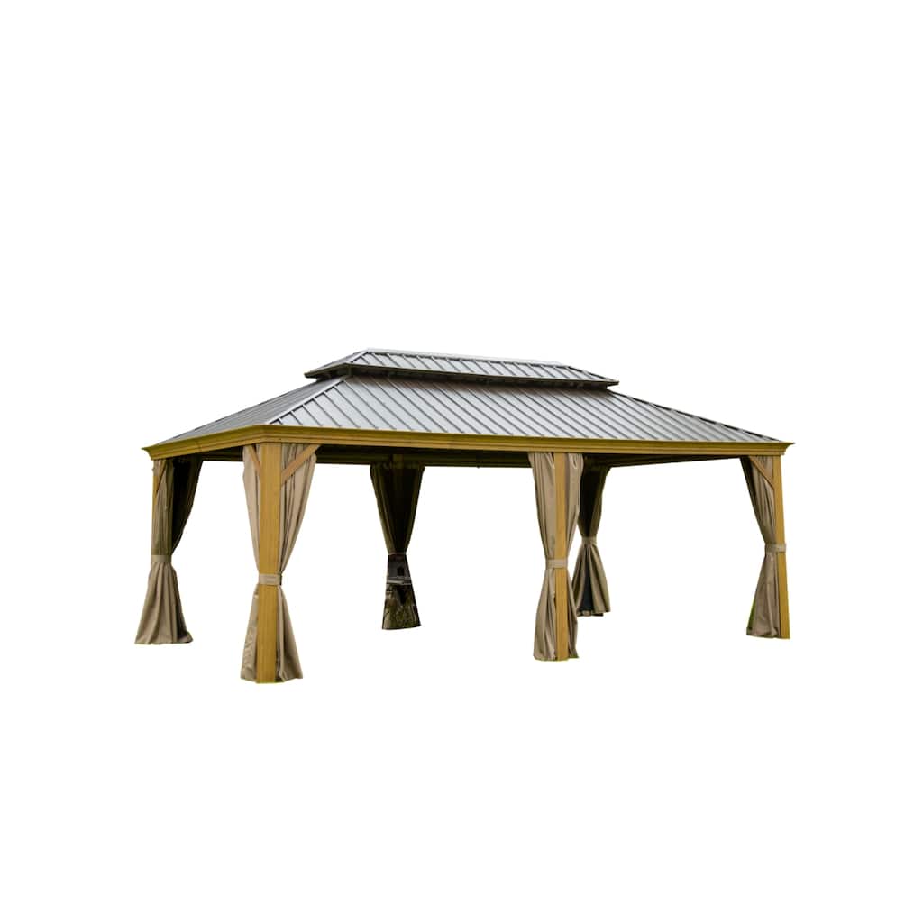 14x20FT Permanent Metal Hardtop Gazebo with Double Roof, Aluminum Frame, and Wood Grain Finish