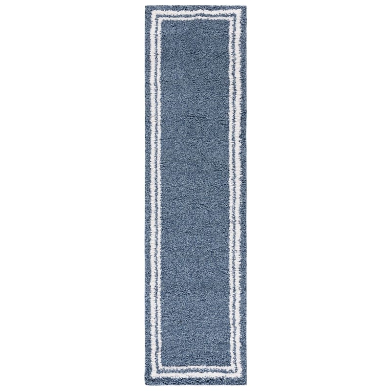 SAFAVIEH Calico Shag Zubeyde Border 1.6-inch Thick Rug - 2'2" x 8' Runner - Blue/Ivory