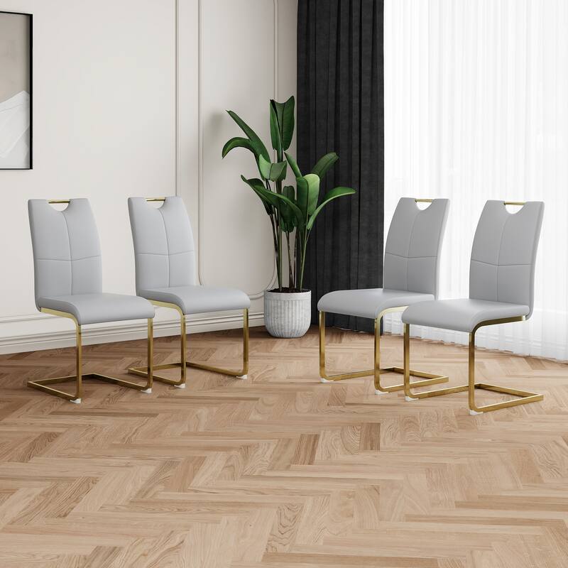 Modern Set of 4 Dining Chairs with Leather Cushioned Seat, Chrome Metal Legs, for Dining Room, Living Room, and Bedroom - Grey+Gold