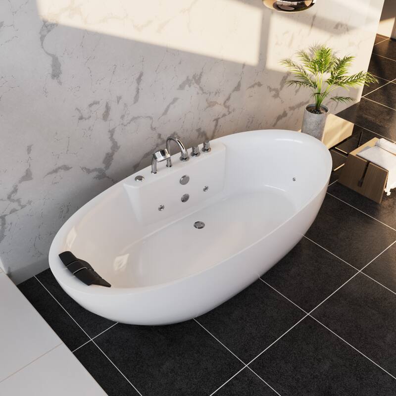 67 in. x 31.5 in. Center Drain Freestanding Whirlpool Bathtub Hydrotherapy Jetted Soaking Bath Tub - Tub filler in White