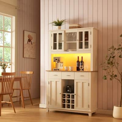 70'' Tall LED Coffee Bar Cabinet with Outlet, Wine Glass Racks