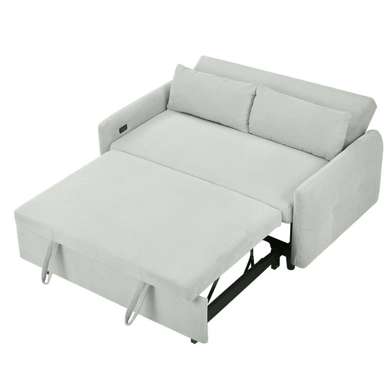 57.48" Corduroy Convertible Sofa Bed with Pull-Out Sleeper, Adjustable Backrest & USB